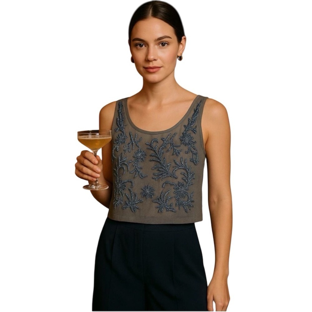 WALTER BAKER Elise Crop Top, Beaded Mesh Scoop Neck Gray Cocktails, Party NEW XS